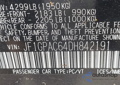 2013 Subaru Impreza 2.0I Premium из США, поврежденный, VIN JF1GPAC64DH842191